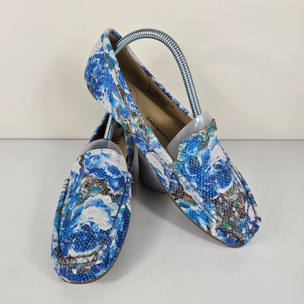 Isaac Mizrahi Live Angelica Womens 8.5M April Blue Floral Marble Leather Loafers